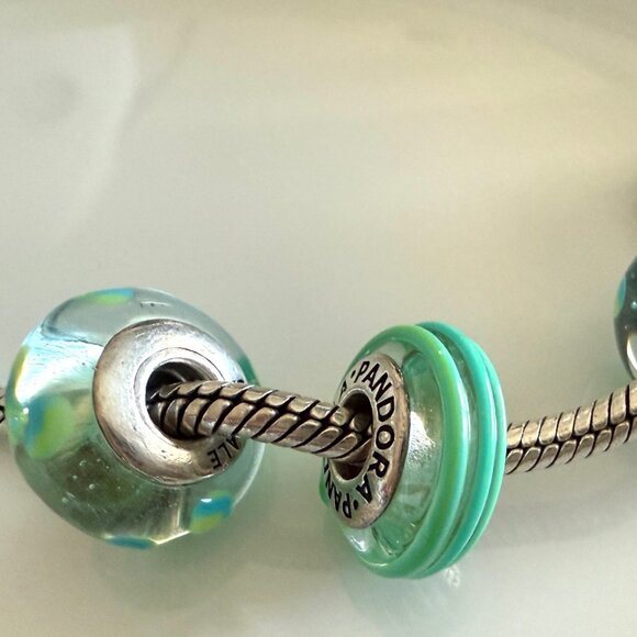 Three Authentic Pandora Retired Teal Murano Glass Charms Silver - Picture 4 of 4